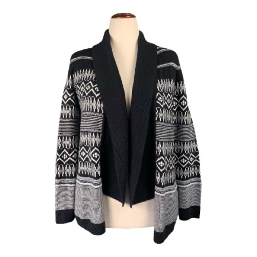 Talbots Black White Fair Isle Nordic Pattern Open Front Wool Cardigan Sweater XS